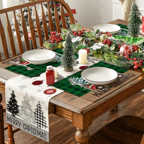 Green and Black Buffalo Plaid Truck Christmas Placemats Set of 4 - 12x18 Inch Rectangular