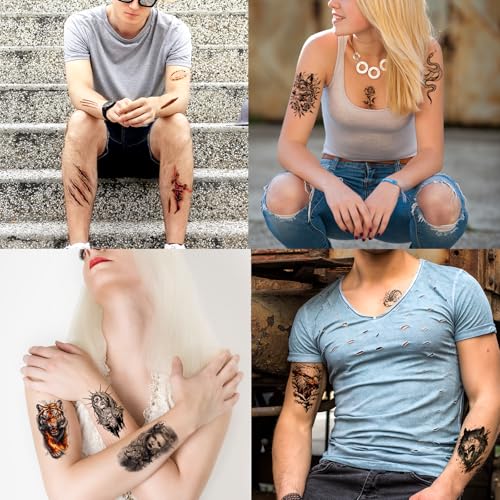 Halloween Black Scary Animal Temporary Tattoos Set - Wolf, Lion, Tiger, Skeleton, Skull, 102 Sheets