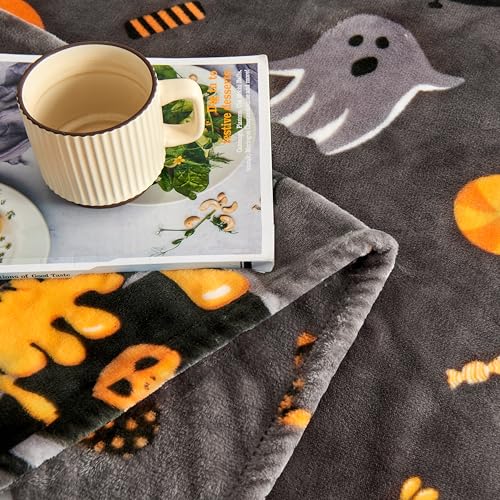 Halloween Throw Blanket with Spooky Pumpkin Bat Ghost Spider Print - Grey 50x60 Inches - Cozy Fuzzy Fleece for Couch Bed Decorations - Variation: 03 Halloween Grey / Throw-50x60