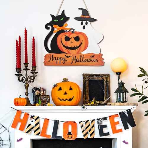 Halloween Door Decorations Ghost Pumpkin Black Cat Wooden Hanging Sign - Classic