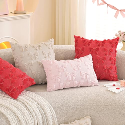Pink Bow Throw Pillow Covers Set of 2 - 18x18 Inches Faux Fur Cushion Cases