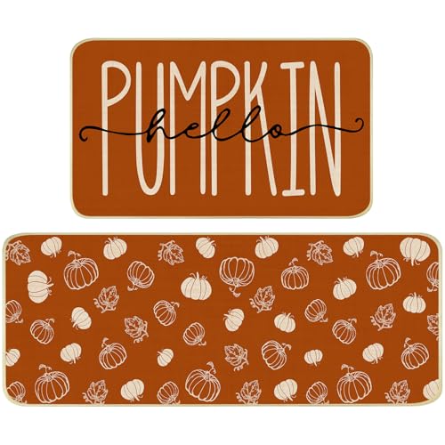 Pumpkin Fall Kitchen Rugs Set of 2 - Terracotta Pumpkin Non-Slip Floor Mats