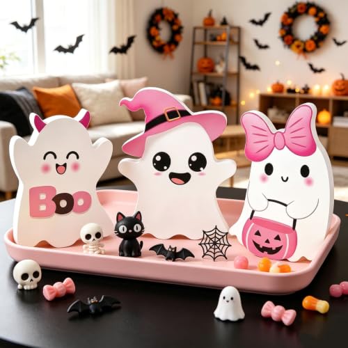 Halloween Ghost Decorations Set - 3 Pink Indoor Spooky Decor with Variation D
