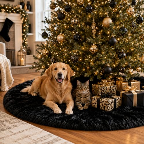 AISENO 60 Inch Black Faux Fur Christmas Tree Skirt - Holiday Decor for Xmas Tree