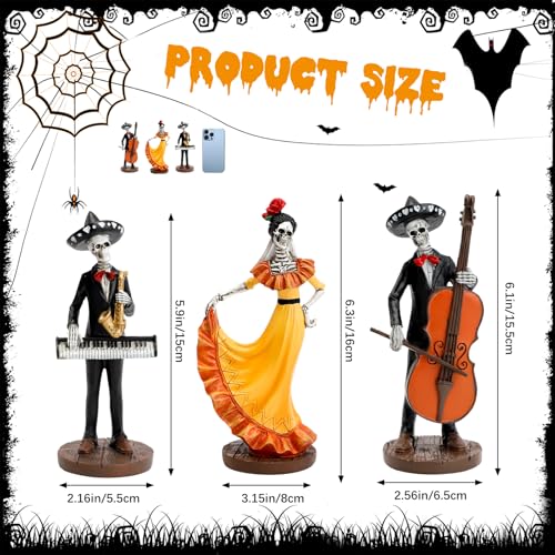 Day of The Dead Skeleton Figurines Decorations 3Pcs Halloween Mariachi Band Style 2 New
