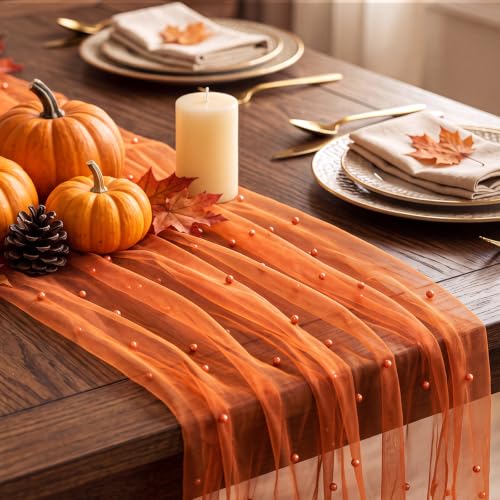Orange Fall Gauze Pearl Table Runner 10ft Set for Holiday & Event Decor