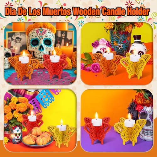 12 Pcs Day of The Dead Butterfly Candle Holders - Wooden Mexican Party Decor