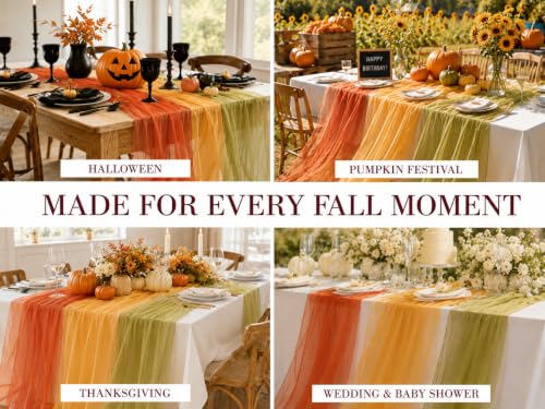 Fall Decor Chiffon Table Runner Set - Orange, Green & Terracotta, 6PCS with Variation Orange Green Terracotta