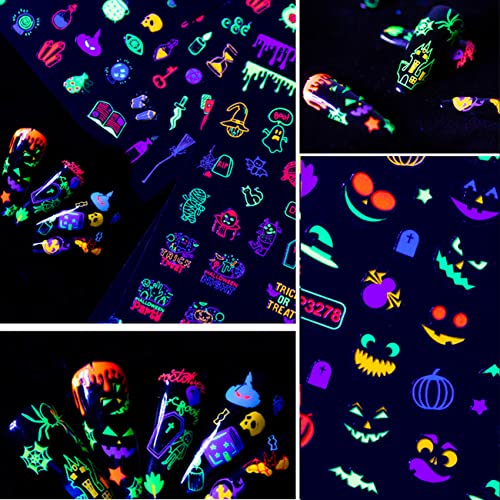 Halloween Neon Glow Nail Stickers 16 Sheets Fluorescent Nail Art Decals for Kids & Women - Dark