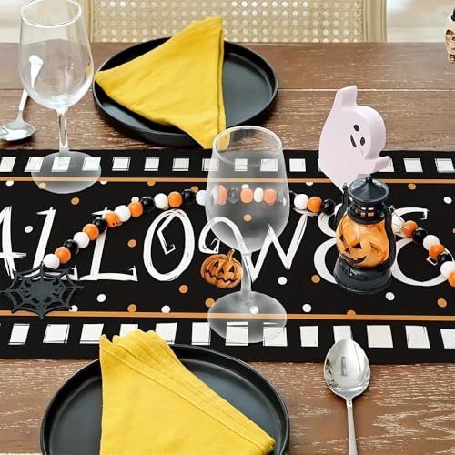 Halloween Ghost Table Runner Black Pumpkin Chessboard Pattern 13x72 Style 04