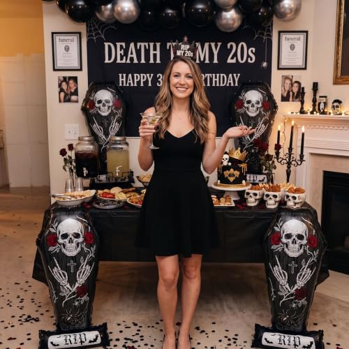 Halloween Coffin Balloons Set with RIP Base - Large Skeleton Foil Decor