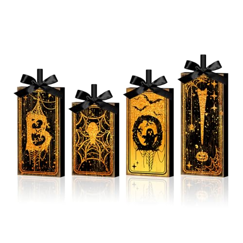 Britimes Halloween Ghost Tiered Tray Decor - Tarot Boo Variation, 4 Pack Wooden Signs