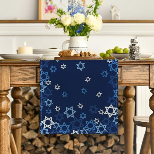 Blue Hexagram Hanukkah Table Runner 13x72 Inch - Holiday Kitchen Decor