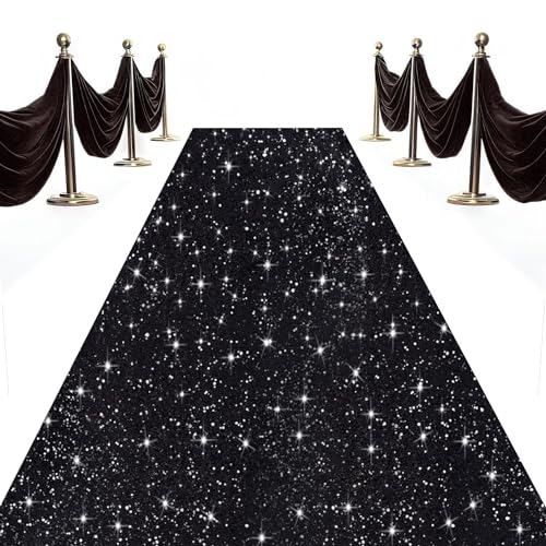 Black Sequin Aisle Runner for Wedding Ceremony 2ft x 15ft - Modern Glitter Carpet with Tapes - Black