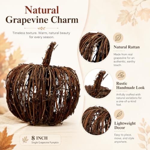 8 Inch Rattan Wicker Pumpkin Decor - Fall Halloween Seasonal Accent