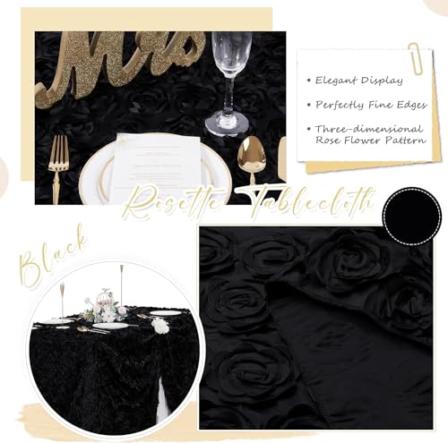 Black 3D Floral Rosette Satin Tablecloth 90x156 Inches for Wedding & Party