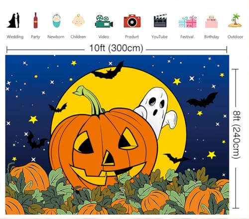 Halloween Pumpkin Field Backdrop 10x8FT for Photography - Starry Sky Night Moon Ghost Baby Shower Birthday Party Decorations