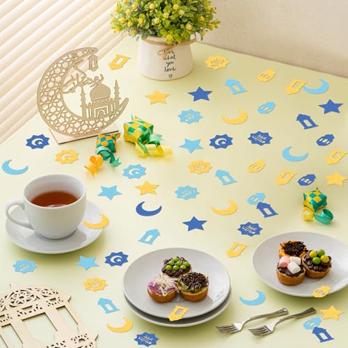 Ramadan Eid Confetti Set - Blue and Gold Table Decor for Celebrations