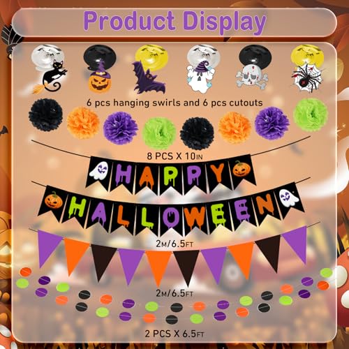 Halloween Party Decorations Set - Banner, Paper Pom Poms, Triangle Flags & Swirls - Halloween