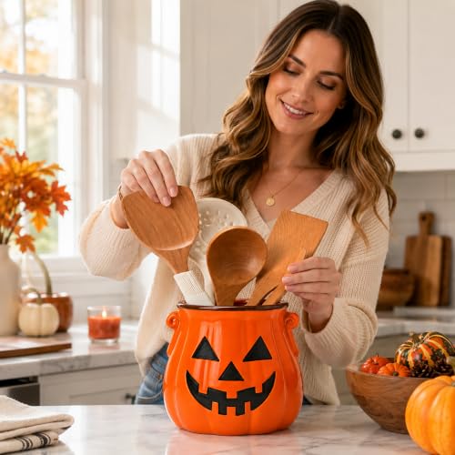 Halloween Ceramic Pumpkin Utensil Holder for Kitchen, Orange Candy Crock