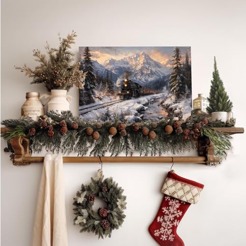 Winter Train Scenery Canvas Wall Art Poster - A01 18x12 Inches, Farmhouse & Living Room Decor
