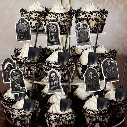 Halloween Cupcake Toppers & Mini Shovel Spoons Set - 23 Variation, 48 pcs