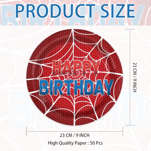 Red Spider Web Paper Plates 9 Inch - 50 Pack for Birthday Parties
