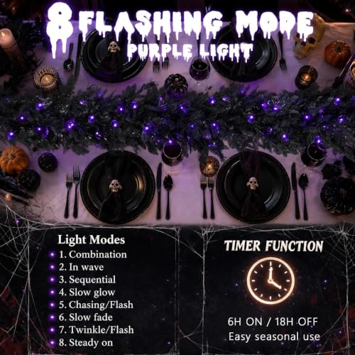 Black 9FT Pre-Lit Halloween Garland with Lights for Indoor Outdoor Decor