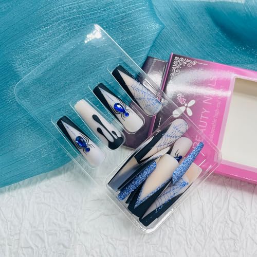 Halloween Long Square Fake Nails with Spider Web Glitter Design - 24pk - Blue