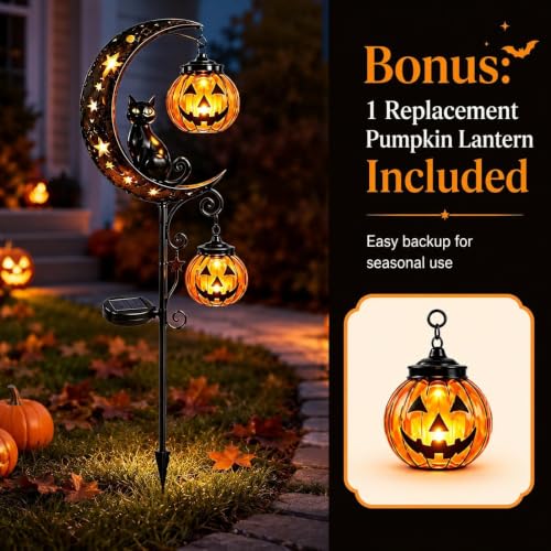 Solar Halloween Garden Stake Light with Black Cat & Pumpkin Moon - Style A