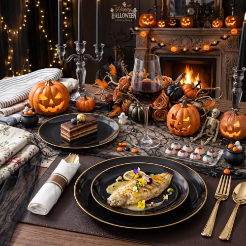 Black and Gold Disposable Plates Set - 50 Dinner & 50 Salad Plates for Parties