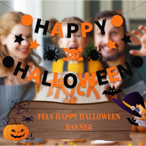 Halloween Felt Banner Garland - Happy Halloween Indoor Decor with Skull & Spider Pattern - Black & Orange