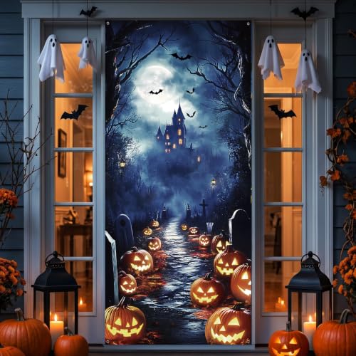 Halloween Door Cover - Large Spooky Pumpkin Castle Bat Backdrop Decor 35x79 Inches