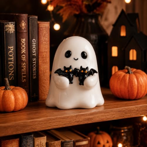 Halloween Ghost Figurine with Bats - Glossy White Spooky Decor, Bat Ghost Variation