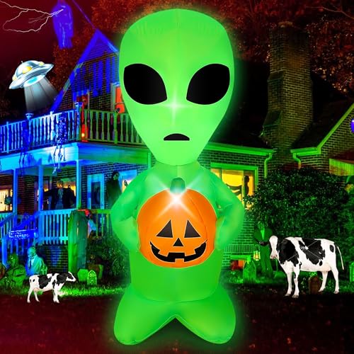 4FT Halloween Inflatable Alien with Pumpkin Decor and LED Lights