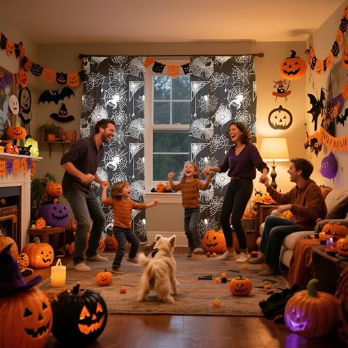 Halloween Sheer Curtains for Living Room & Bedroom - 50W x 63L, Pack of 2, Spider Web Print, Black