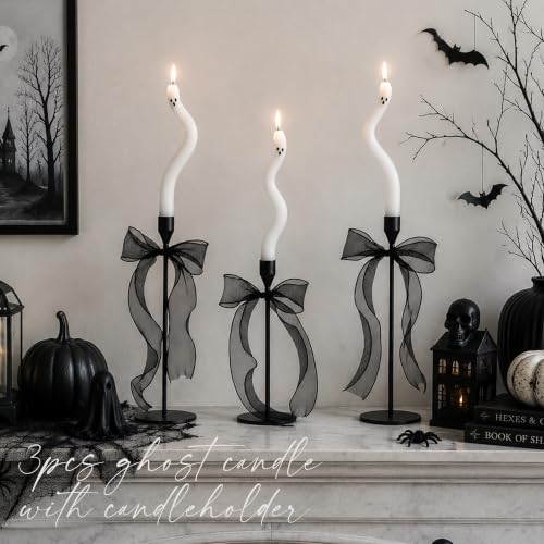 Ghost Candles with Candleholder - 3pcs Halloween Indoor Decor Set with Ribbons