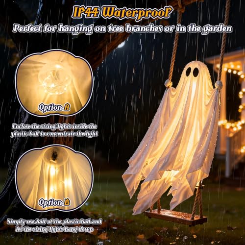 Outdoor Hanging Ghost Decor - 4.3FT Spooky Swing Ghost with LED Lights
