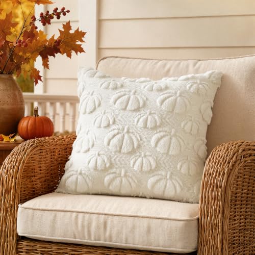 Cream White Fall Decor Pillow Covers 20x20 Set of 2 Pumpkin Embroidered