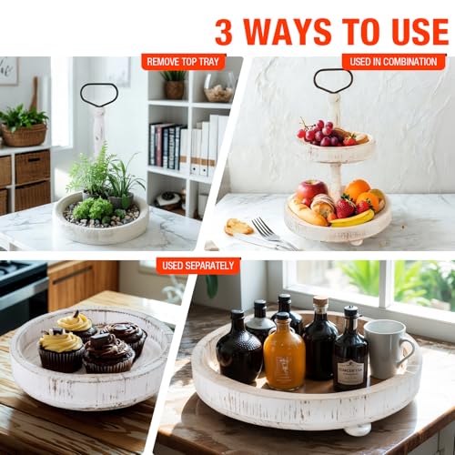 2-Tier Rustic Wooden Serving Tray Stand - Farmhouse Decor for Kitchen & Home
