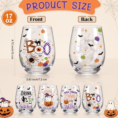 Halloween Stemless Wine Glasses Set - 4 Pieces, 17 oz Halloween Gifts for Women