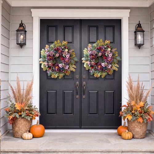 Purple Fall Wreath for Front Door - 24 Inch Autumn Decoration, Handcrafted with Flowers & Berries
