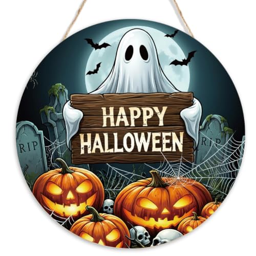 Halloween Ghost Pumpkin Wooden Door Sign - Multicolor 03, Festive Wall Art