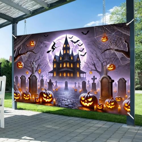 Halloween Backdrop Witch Graveyard Banner - 71 x 43 Inches for Party & Photo Booths