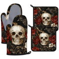 Halloween Skull Rose Crow Oven Mitts & Pot Holder Set - Heat Resistant Kitchen Accessories