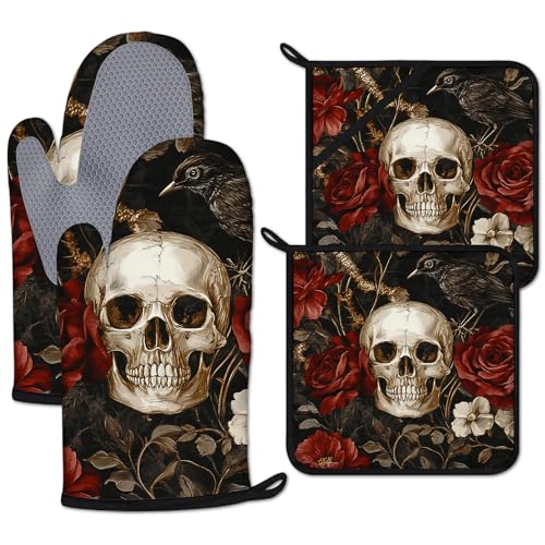 Halloween Skull Rose Crow Oven Mitts & Pot Holder Set - Heat Resistant Kitchen Accessories