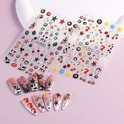 Cartoon Pool & Dice Nail Art Stickers - 4 Sheets 5D Embossed Self-Adhesive