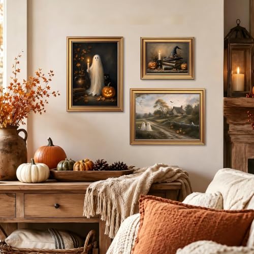 Halloween Ghost Wall Art with Black Cat - Gold Framed Canvas Decor - Variation of Ghost Holding Candle