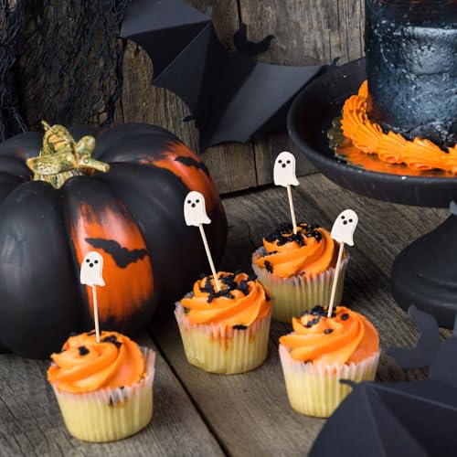 Halloween Ghost Cocktail Picks - 100 Bamboo Food Skewers for Party