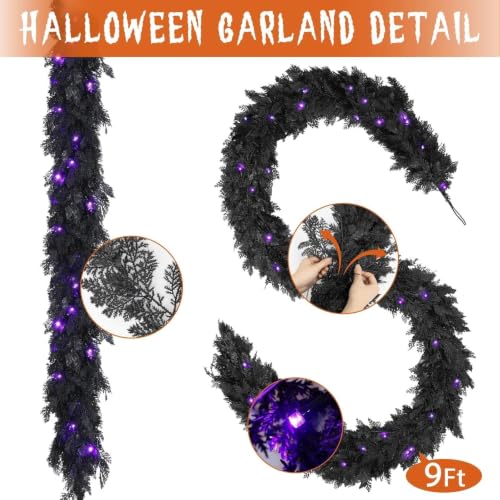 Black 9FT Pre-Lit Halloween Garland with Lights for Indoor Outdoor Decor